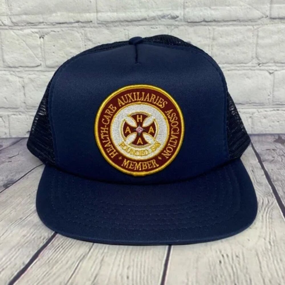 Vintage Trucker Hat Mesh Cap Navy Blue Health Care Auxiliaries Association
